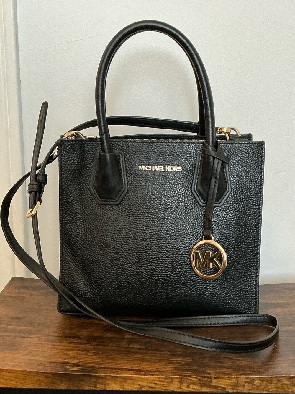 Michael Kors Black Pebbled Leather Medium Mercer Satchel with Gold MK Charm